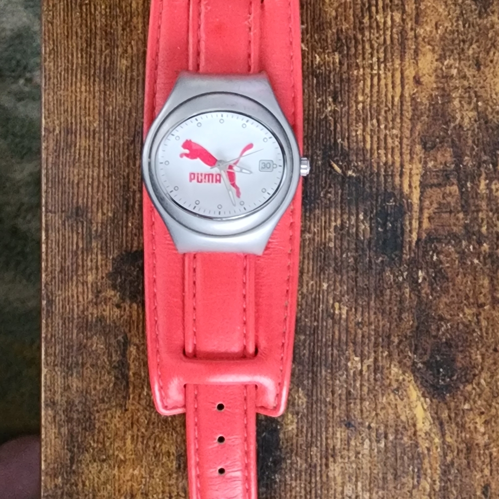 Puma Silver Case Watch with Red Leather Strap (Vintage, Rare)